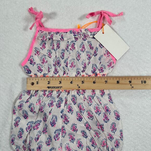 Everbloom Baby 3 Month Blue Pink Tie Shoulder Smocked Waist One Piece Romper - Picture 3 of 6